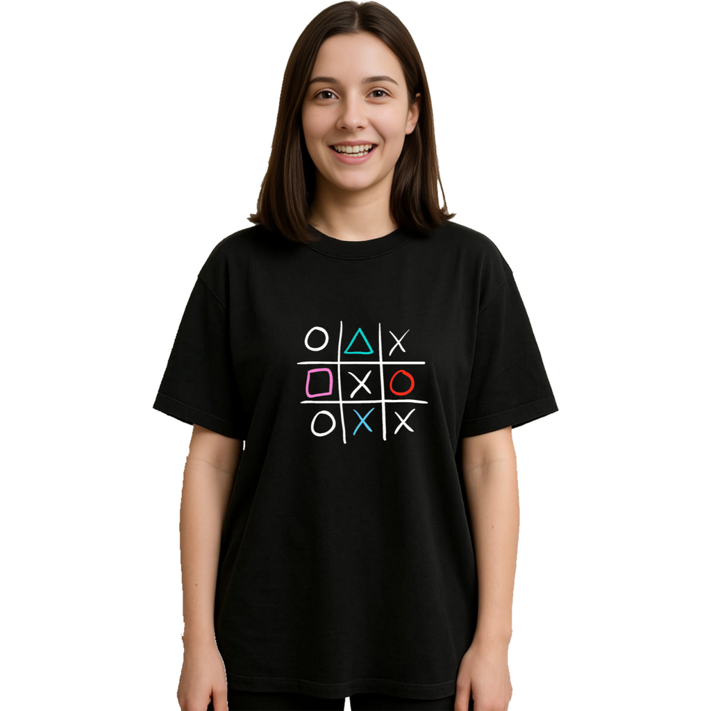Derada Oversized Pure Cotton Girls Black T Shirt - Tic Tac Toe