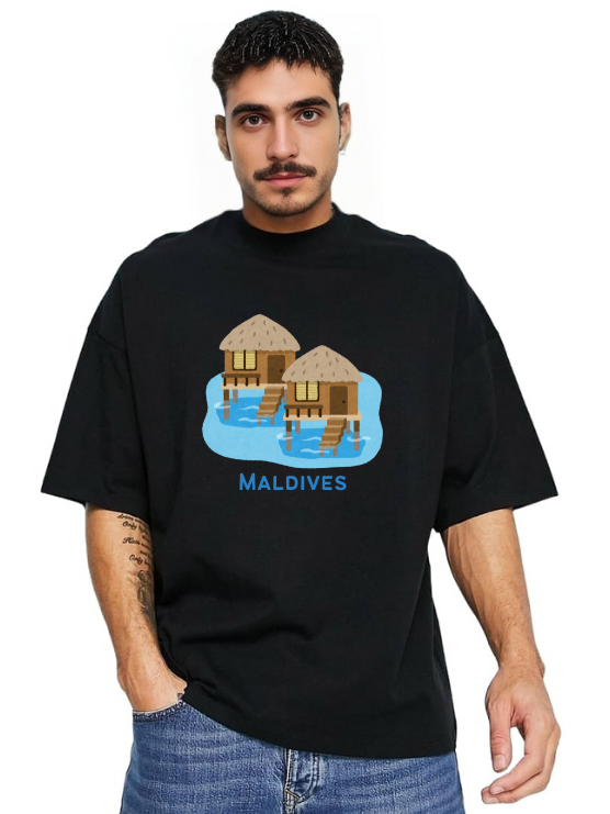 Derada Oversized Pure Cotton Unisex Black T Shirt - Maldives