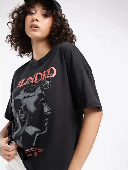 Derada Oversized Pure Cotton Girls Black T Shirt - Blinded