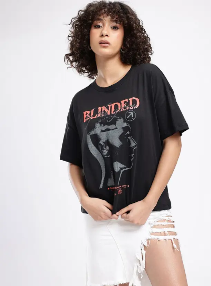 Derada Oversized Pure Cotton Girls Black T Shirt - Blinded