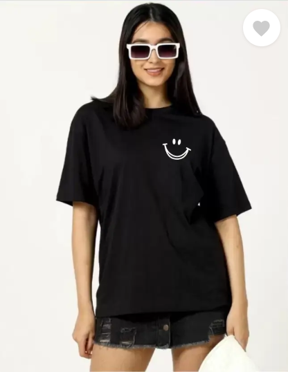 Derada Oversized Pure Cotton Girls Black T Shirt - Smile