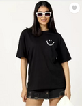 Derada Oversized Pure Cotton Girls Black T Shirt - Smile