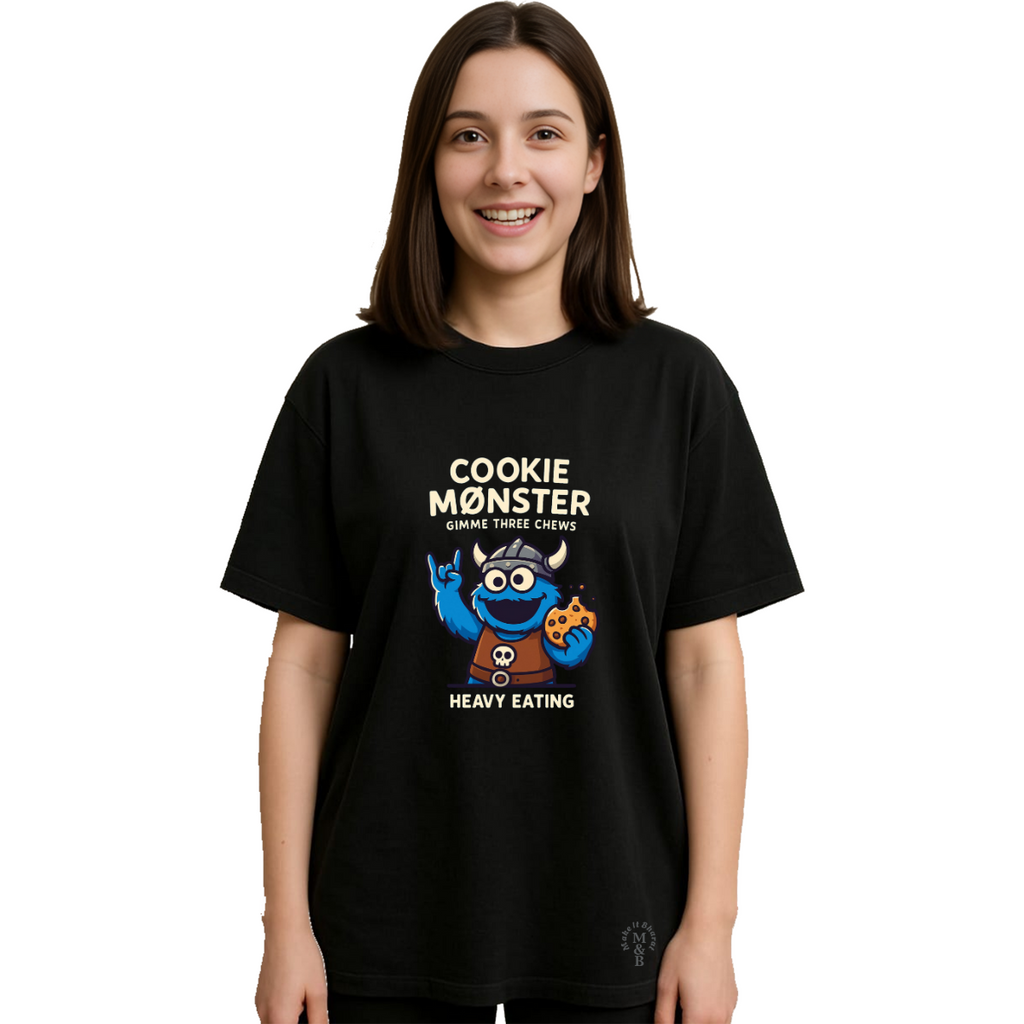 Derada Oversized Pure Cotton Girls Black T Shirt - Cookie Monster