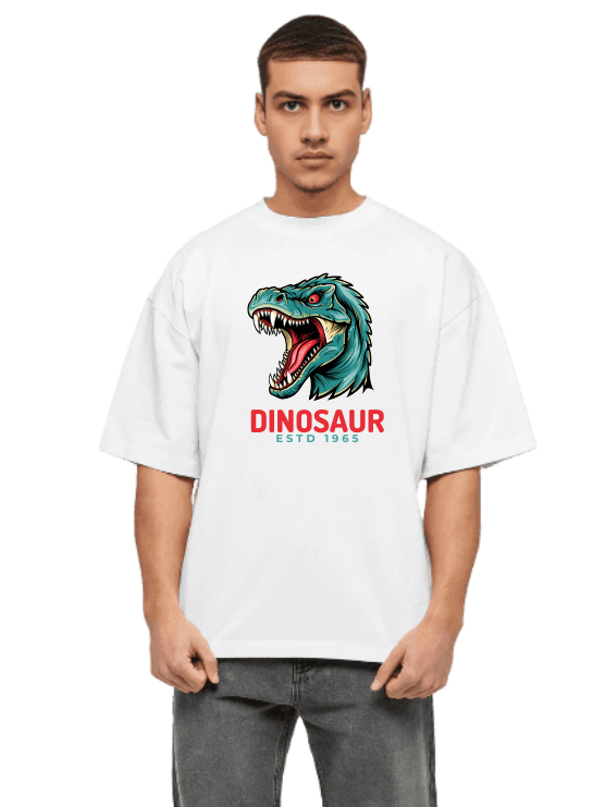 Derada Oversized Pure Cotton Unisex White T Shirt - Dinosaur