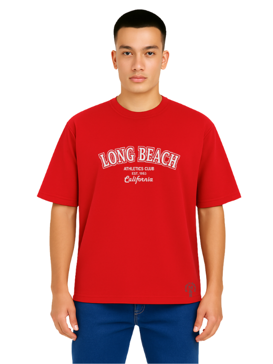 Derada Oversized Pure Cotton Men's Red T Shirt - Long Beach